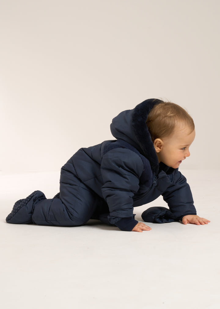 TRULY LIFESTYLE MIDNIGHT BLUE BABY SNOWSUIT ON BABY CRAWLING