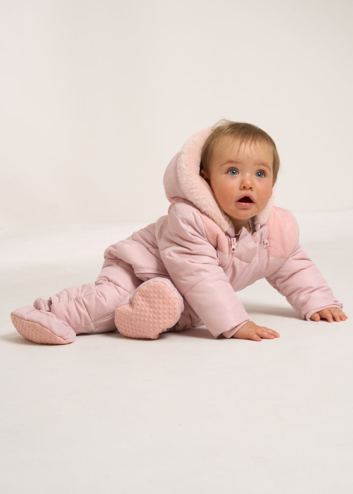 TRULY LIFESTYLE BLUSH PINK BABY SNOWSUIT WITH FUR LINED HOOD
