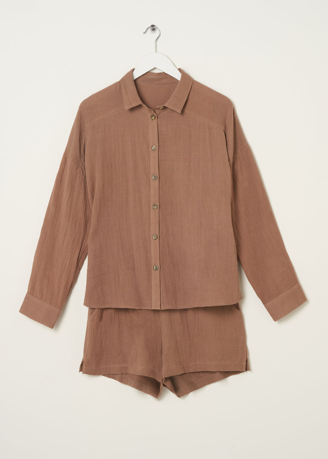 TRULY LIFESTYLE CAMEL COLOURED COTTON CHEESECLOTH SHIRT AND SHORTS SET ON HANGER