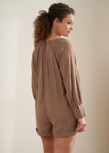 TRULY LIFESTYLE CAMEL COLOURED COTTON CHEESECLOTH PLAYSUIT ON MODEL FROM BEHIND
