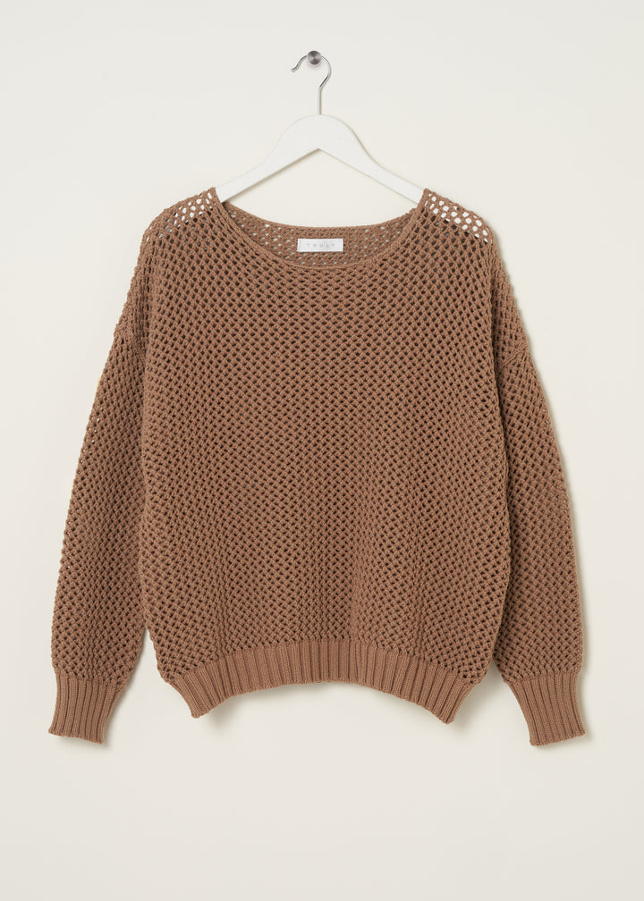 TRULY LIFESTYLE CAMEL BROWN MESH WOMENS JUMPER ON HANGER