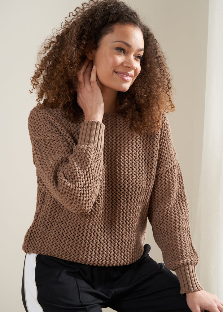 TRULY LIFESTYLE CAMEL BROWN MESH WOMENS JUMPER ON MODEL WITH BLACK WIDE LEGGED JOGGING BOTTOMS