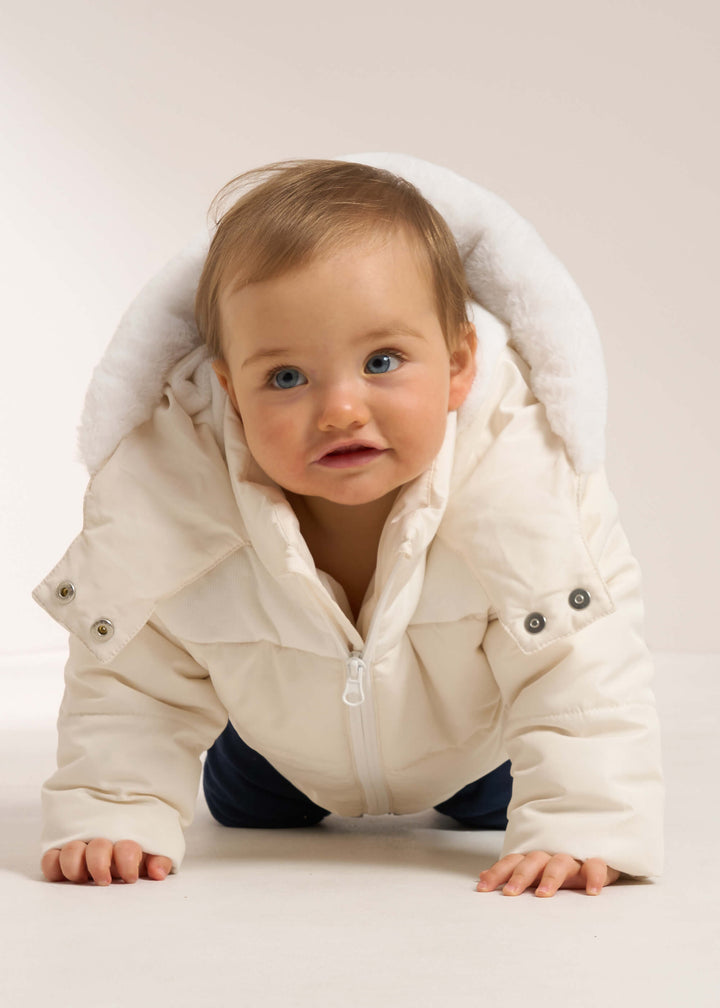 TRULY LIFESTYLE CREAM PADDED BABY COAT WITH FAUX FUR HOOD ON MODEL CRAWLING