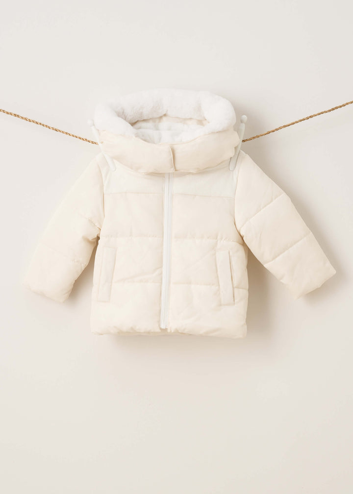 TRULY LIFESTYLE CREAM PADDED BABY COAT WITH FAUX FUR HOOD HANGING