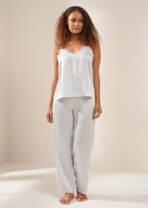 TRULY LIFESTYLE DUSTY BLUE SILK CAMISOLE AND TROUSER PJ SET ON MODEL