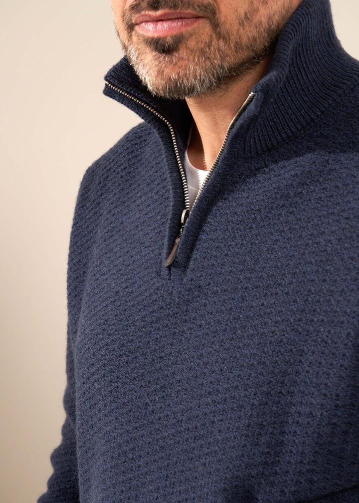 TRULY LIFESTYLE MENS HALF ZIP JUMPER IN MIDNIGHT ON MODEL CLOSE UP OF COLLAR