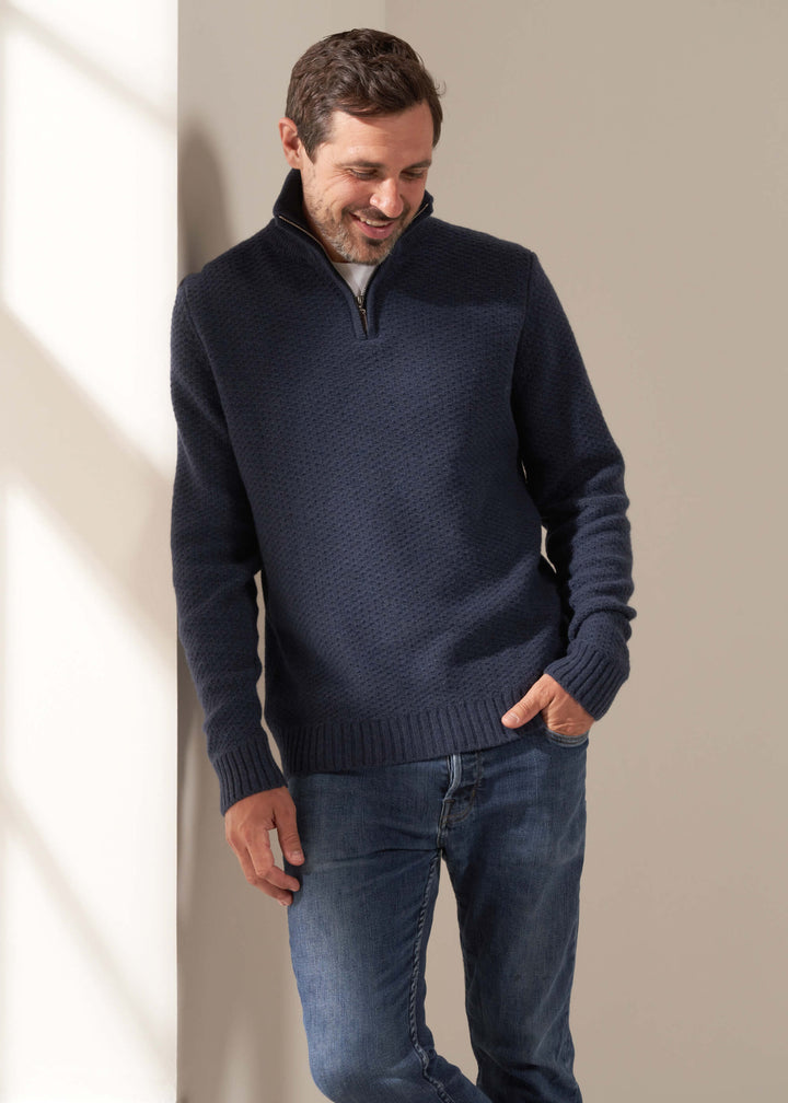 TRULY LIFESTYLE MENS HALF ZIP JUMPER IN MIDNIGHT ON MODEL WITH JEANS