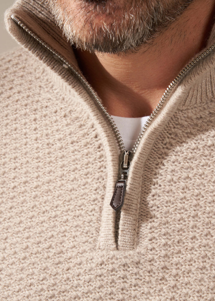 TRULY LIFESTYLE MENS 3/4 ZIP JUMPER IN OATMEAL ON MODEL CLLOSE UP OF COLLAR