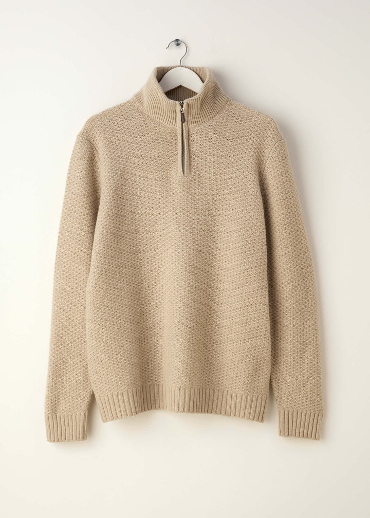 TRULY LIFESTYLE MENS 3/4 ZIP JUMPER IN OATMEAL ON A HANGER