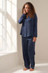 TRULY LIFESTYLE WOMENS SILK MIDNIGHT BLUE PYJAMA SET ON A MODEL