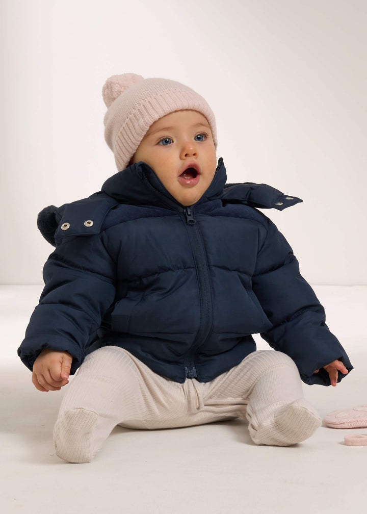 TRULY LIFESTYLE MIDNIGHT BLUE PADDED BABY COAT WITH FAUX FUR HOOD ON BABY CRAWLING