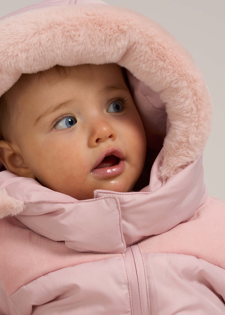 TRULY LIFESTYLE BLUSH PINK BABY COAT WITH FUR HOOD  ON MODEL