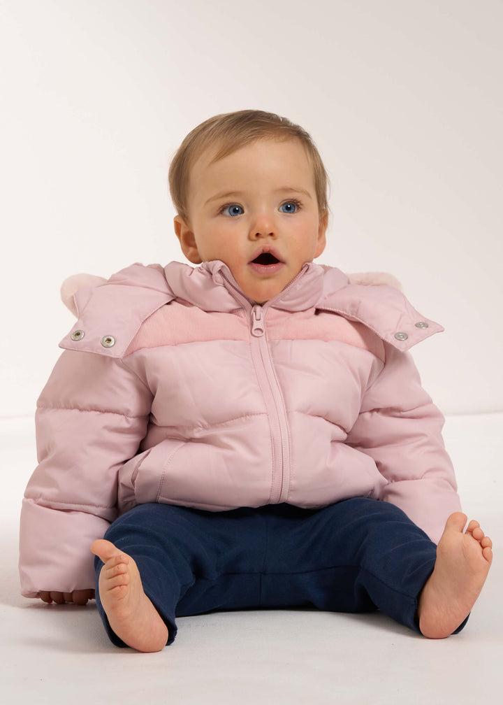 TRULY LIFESTYLE BLUSH PINK BABY COAT WITH FUR HOOD ON MODEL WITH NAVY LEGGINGS