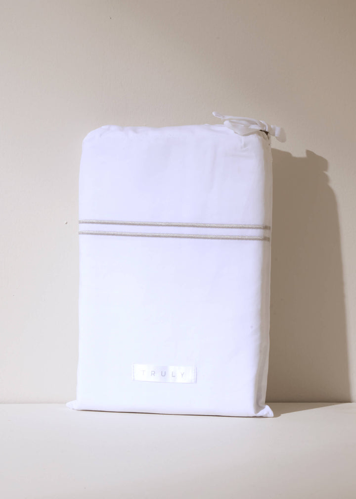 WHITE SATIN OXFORD PILLOWCOVERS WITH GREY STITCH DETAILING IN WHITE DUST BAG| TRULY LIFESTYLE