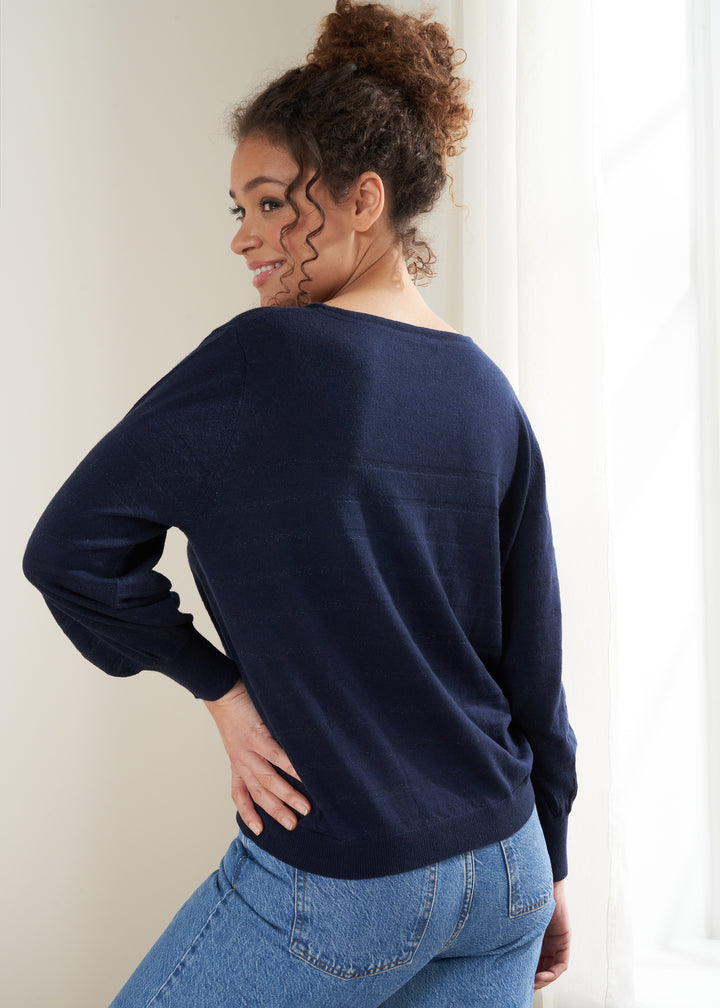 TRULY LIFESTYLE WOMENS NAVY BLUE LUREX STRIPE JUMPER ON MODEL FROM BEHIND