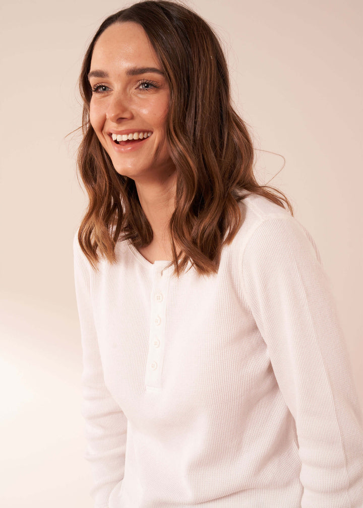 Unisex Ivory Pyjama Set On Model Close Up | Truly Lifestyle