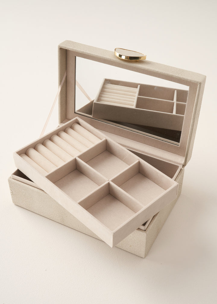 Truly Lifestyle Ivory Shagreen Jewellery Box With Brushed Metal Open With Ring Holders