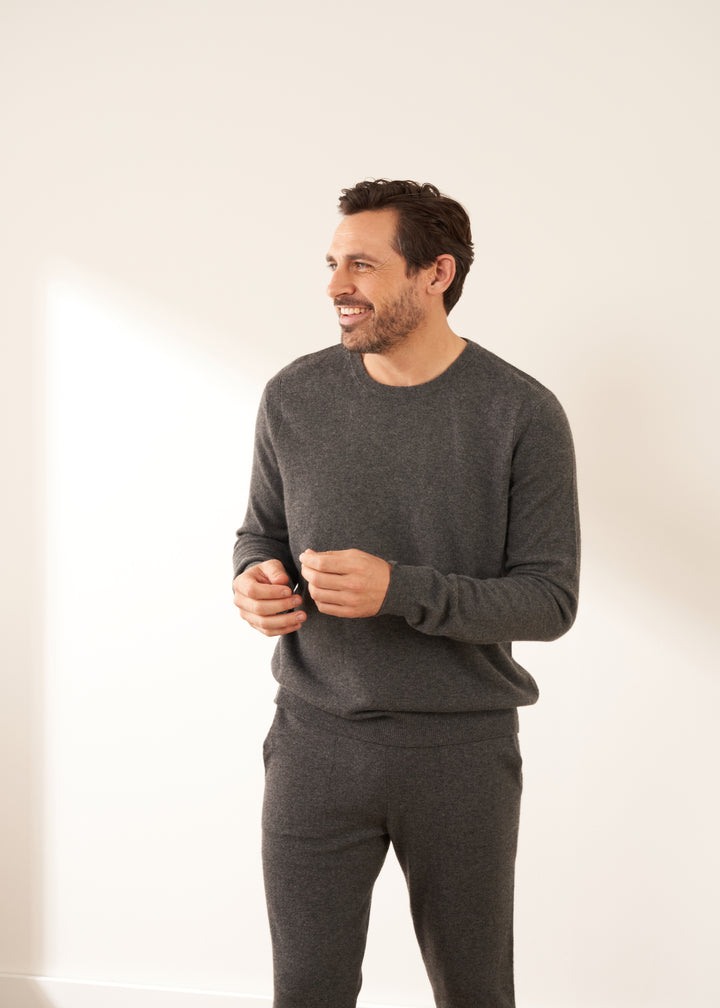 Mens Grey Cashmere Crew Neck Jumper On Model With Cashmere Jogging Bottoms | Truly Lifestyle