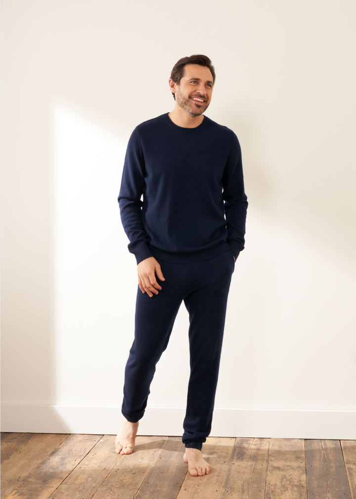 Mens Navy Blue Cashmere Jogging Bottoms On Model | Truly Lifestyle