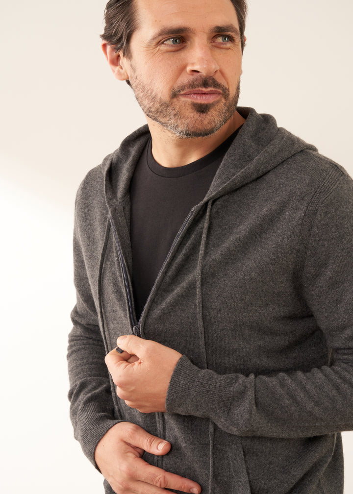 Mens Grey Cashmere Hoodie On Model With Black Tshirt Close Up | Truly Lifestyle