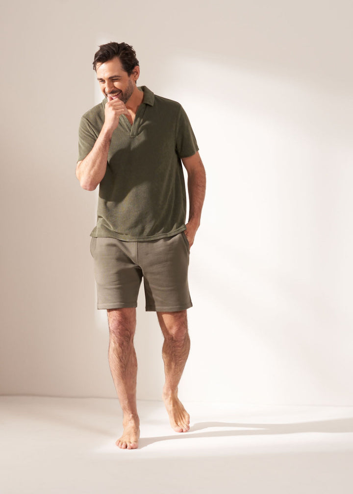 Mens Khaki Green Cotton Shorts On Model With Terry Green Tshirt| Truly Lifestyle