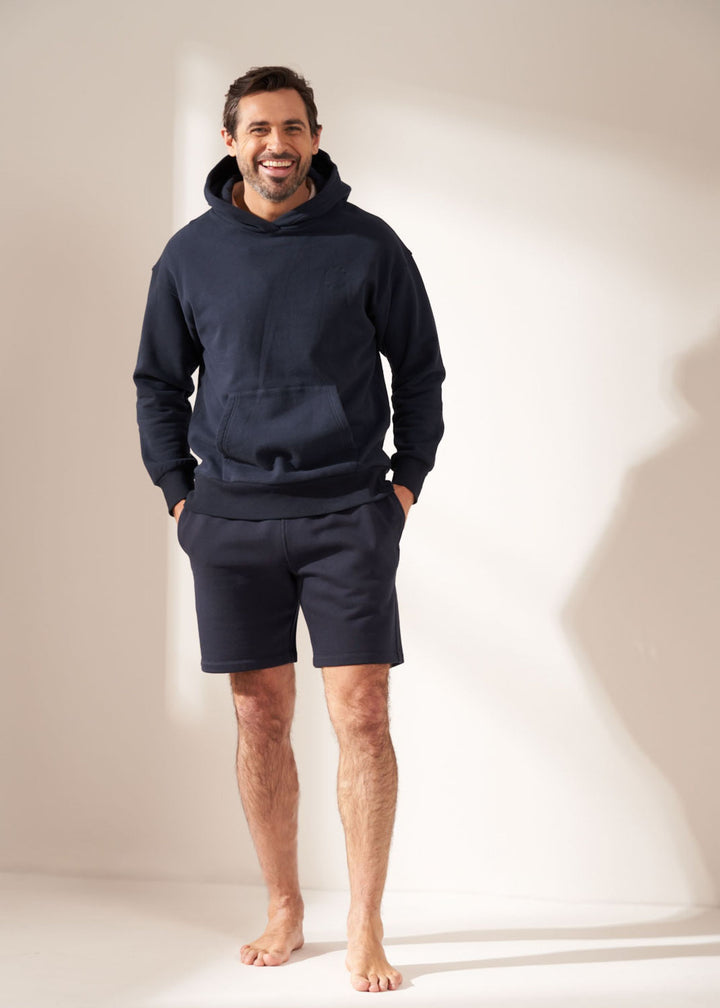 Mens Navy Cotton Shorts On Model With Matching Blue Hoodie| Truly Lifestyle