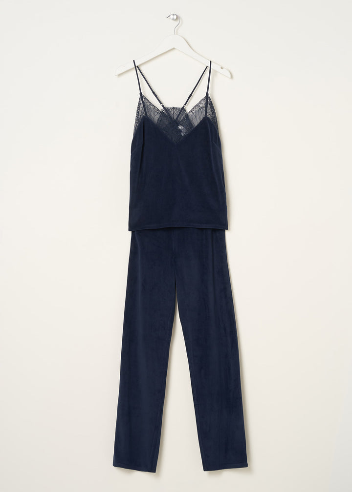 Truly Lifestyle Womens Midnight Blue Velour Pyjama Set On Hanger
