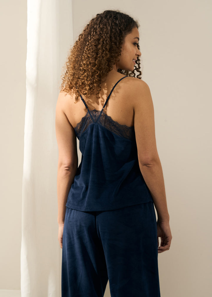 Truly Lifestyle Womens Midnight Blue Velour Pyjama Set On Model From Behind Showing Back Strap Detailing