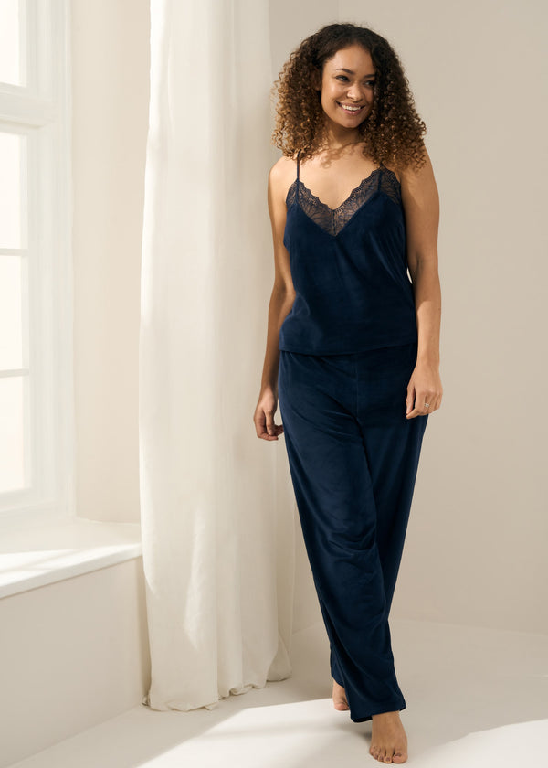 Truly Lifestyle Womens Midnight Blue Velour Pyjama Set On Model With Lace Detailing