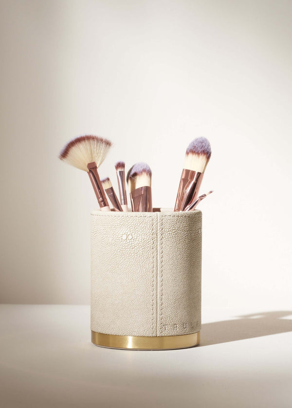 Cream Faux Shagreen Round Make Up Brush Holder With Brushes In | Truly Lifestyle