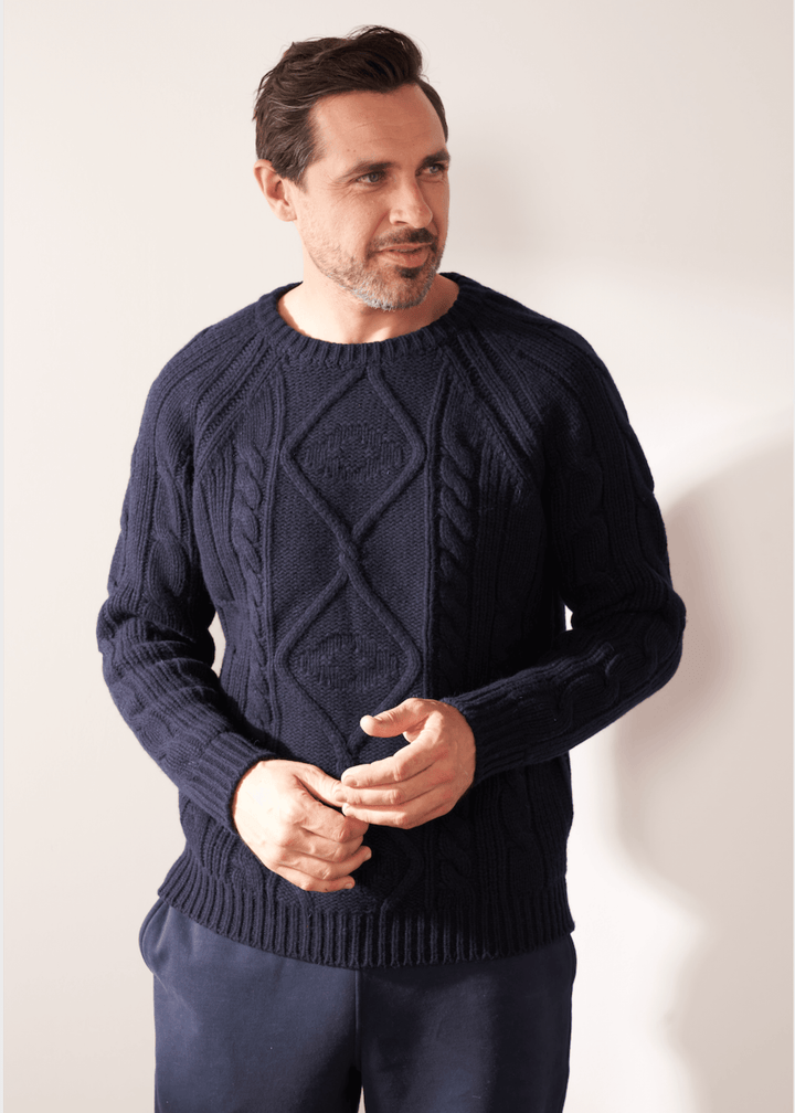 Mens Navy Cable Knit Jumper On Model Close Up | Truly Lifestyle