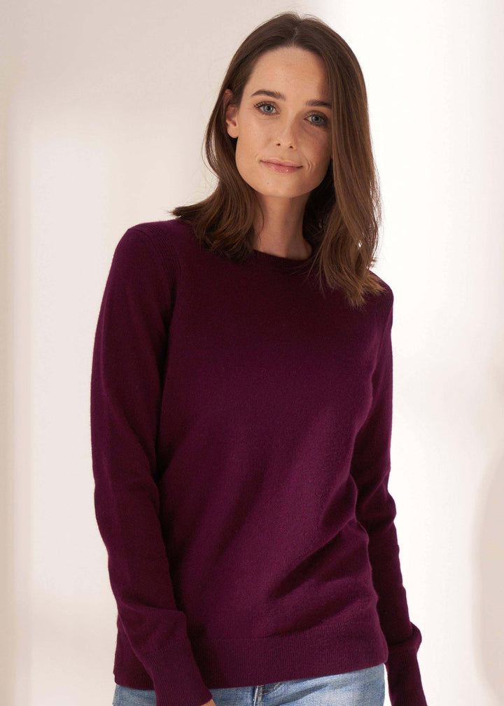 Womens Grape Cashmere Crew Neck Jumper On Model Wearing Jeans | Truly Lifestyle