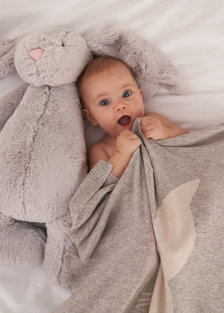 GREY BABY BLANKET WITH BUNNY PRINT ON BABY WITH TEDDY | TRULY LIFESTYLE