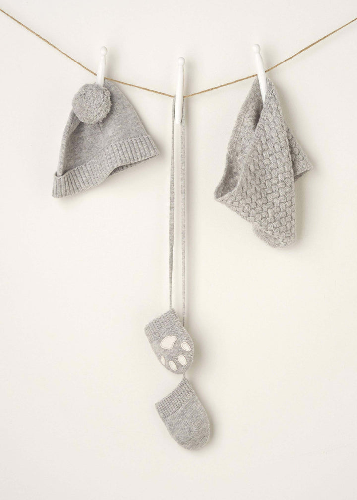 GREY BABY HAT, MITTEDS AND SCARF SET HANGING UP | TRULY LIFESTYLE