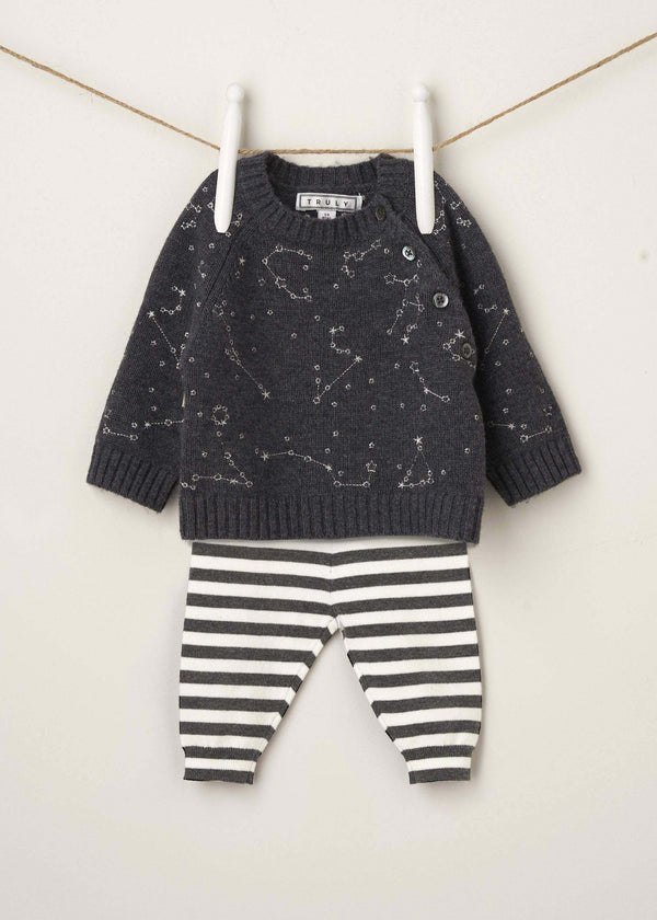 GREY BABY CONSTELLATION PRINT JUMPER WITH STRIPED LEGGINGS ON HANGER | TRULY LIFESTYLE