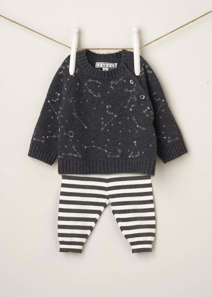 GREY BABY CONSTELLATION PRINT JUMPER WITH STRIPED LEGGINGS ON HANGER | TRULY LIFESTYLE