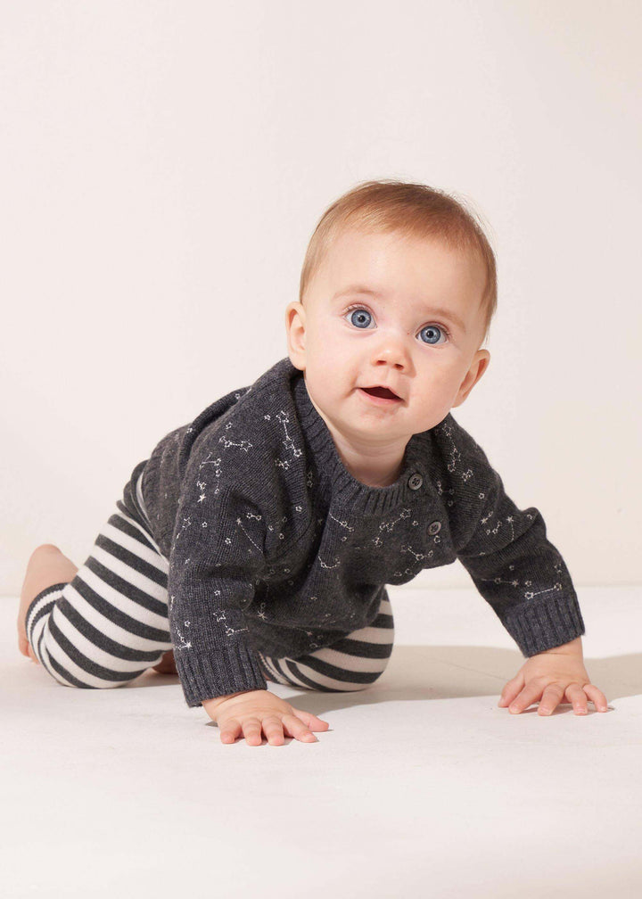GREY BABY CONSTELLATION PRINT JUMPER WITH STRIPED LEGGINGS ON BABY| TRULY LIFESTYLE