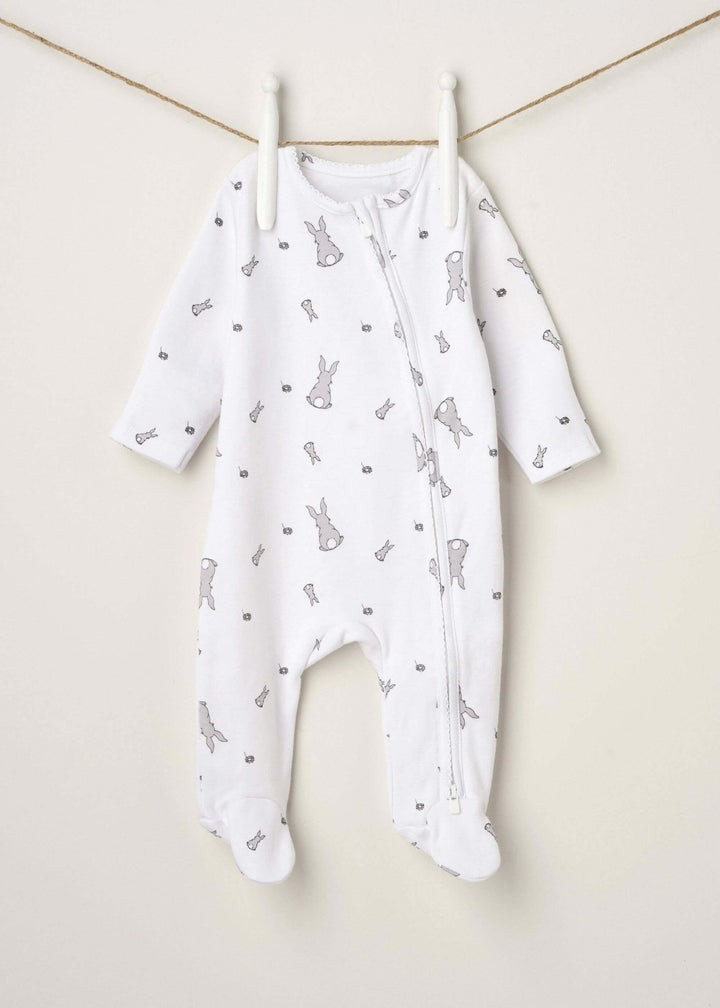 WHITE BABY GROW WITH BUNNY PRINT HANGING UP | TRULY LIFESTYLE