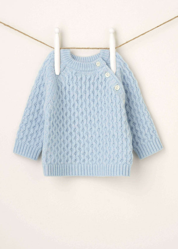LIGHT BLUE KNITTED BABY JUMPER HANGING UP | TRULY LIFESTYLE