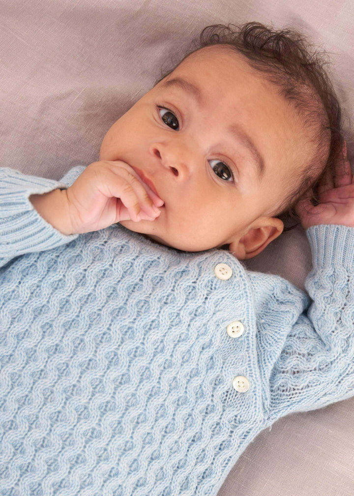 LIGHT BLUE KNITTED BABY JUMPER ON BABY | TRULY LIFESTYLE