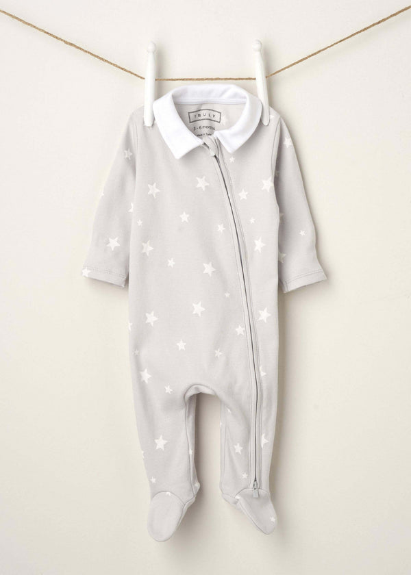 GREY STAR PRINT BABY GROW WITH COLLAR HANGING UP | TRULY LIFESTYLE