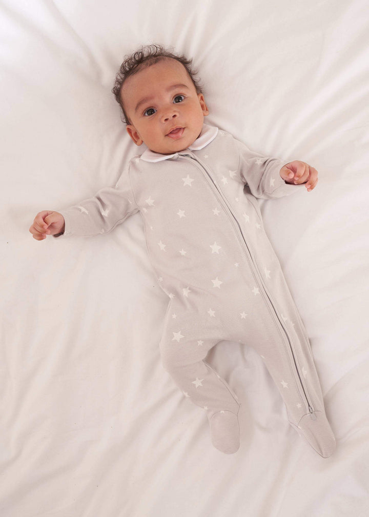 GREY STAR PRINT BABY GROW WITH COLLAR ON BABY | TRULY LIFESTYLE
