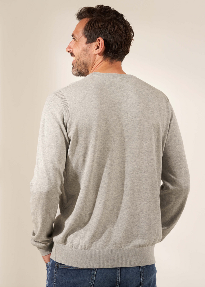 Truly Lifestyle Mens Fine Knit Grey V Neck Jumper On Model With Jeans From The Back