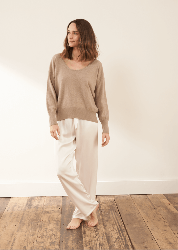 Womens Beige Nutmeg Cashmere Jumper On Model With Silk Bottoms| Truly Lifestyle