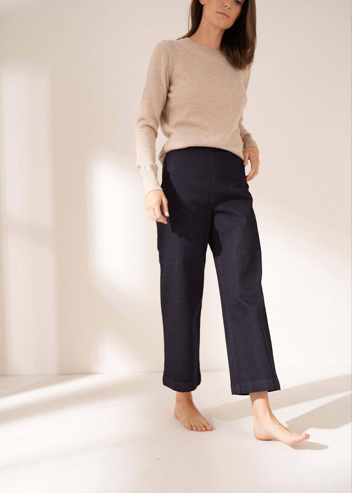 Womens Denim Culottes On Model Wearing Oatmeal Cashmere Crew Neck Jumper | Truly Lifestyle