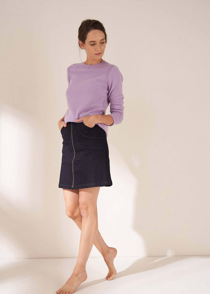 Womens Denim Mini Skirt With Zip On Model In Purple Cashmere Jumper| Truly Lifestyle