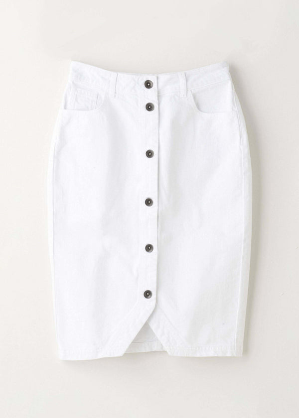 Womens White Denim Button Down Midi Skirt Hanging Up | Truly Lifestyle