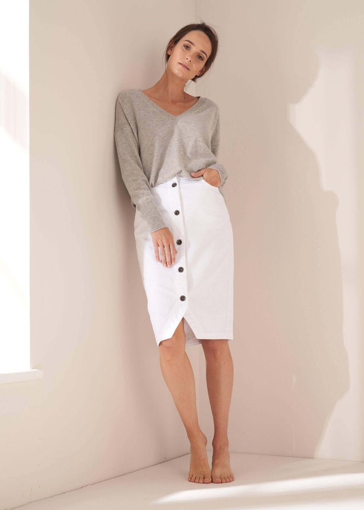 Womens White Denim Button Down Midi Skirt on Model In Grey Cashmere Jumper | Truly Lifestyle