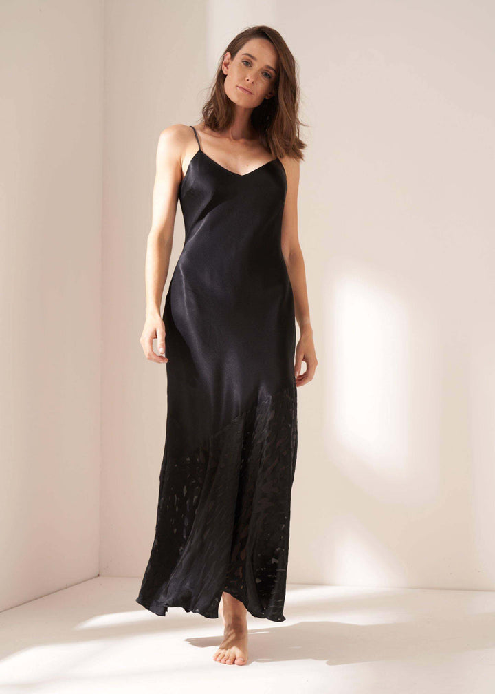 Ladies Black Satin Slip Dress With Burnout Bottom On Model | Truly Lifestyle