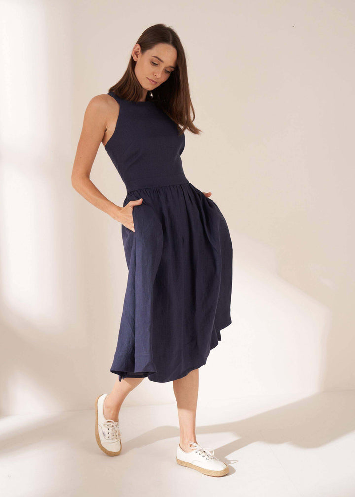 Navy Blue Womens Linen Dress On Model | Truly Lifestyle